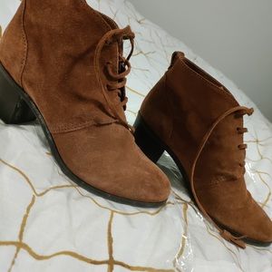 Cognac color suede tie up boots. Worn once. Smoke and pet free.